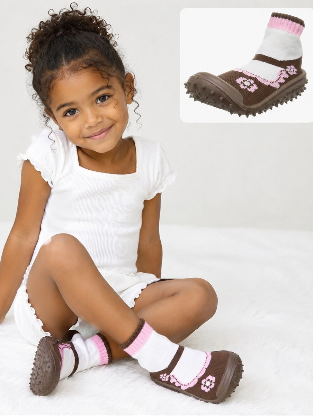 🍎NEW Skidders Sweet Mary Jane Bootie Sock Sneakers Girls Brown Pink Non Slip On